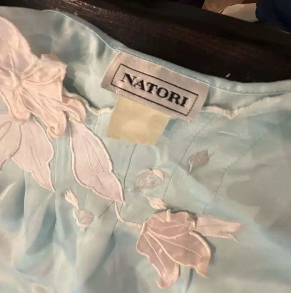 Natori Vintage Baby Blue Satin Nightgown Embroidered Floral Appliqué size S